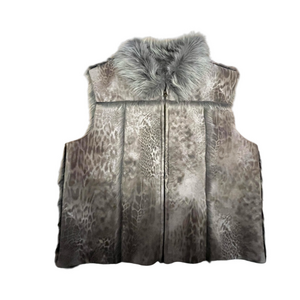 VTG Lisa International Gray Reversible Faux Fur Leopard Vest XL